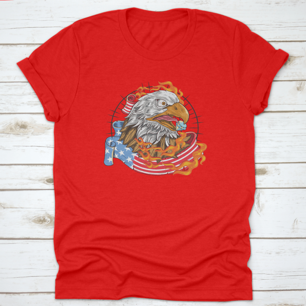 A stylish t-shirt featuring a flaming eagle with a diamond on its beak, showcasing a patriotic design.